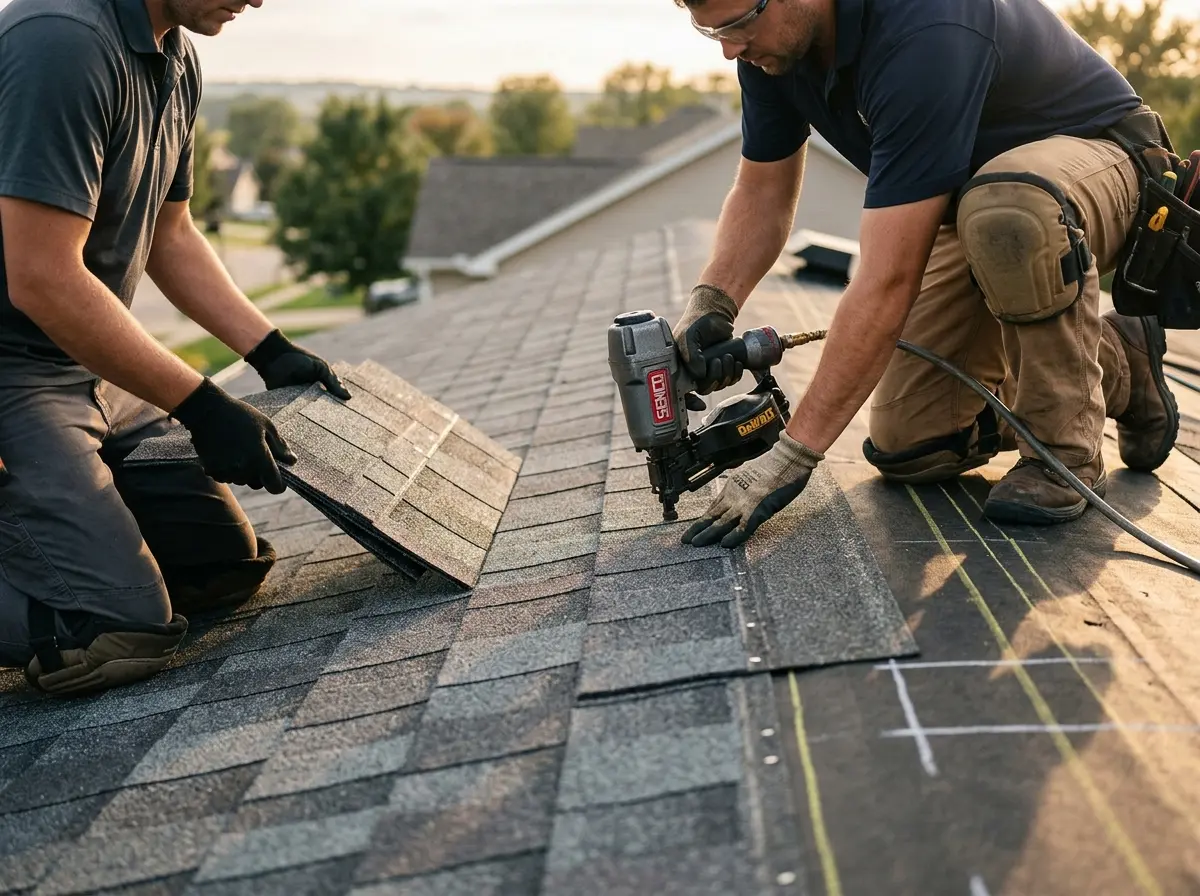 Professional roofer working on a residential roof in Riverview